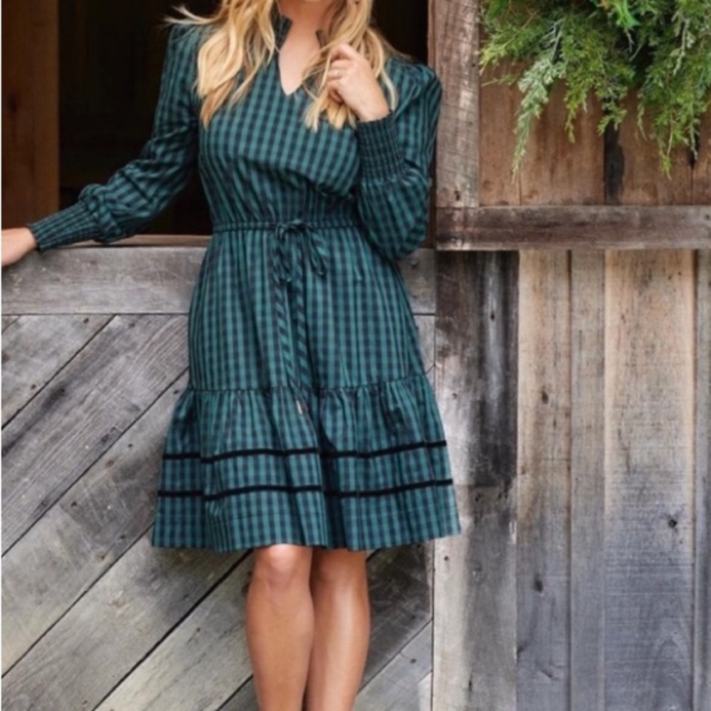 Draper James Teal Check Long Sleeve Dress